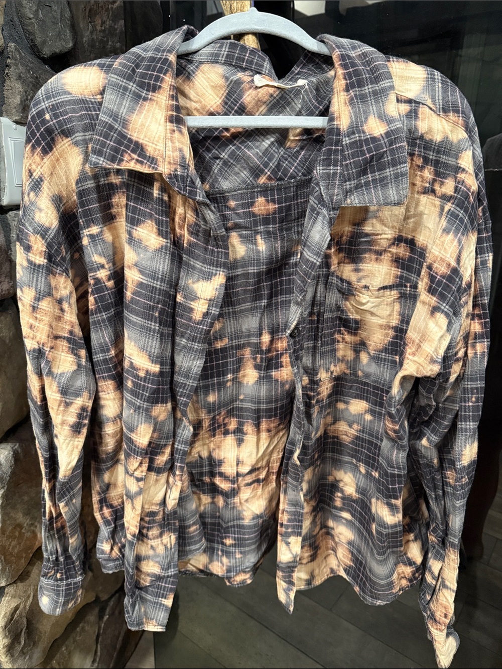 Gilded Intent Black and Tan Bleach-Effect Plaid Button-Down